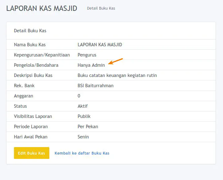 Tampil Nama Pengelola/Bendahara Buku Kas